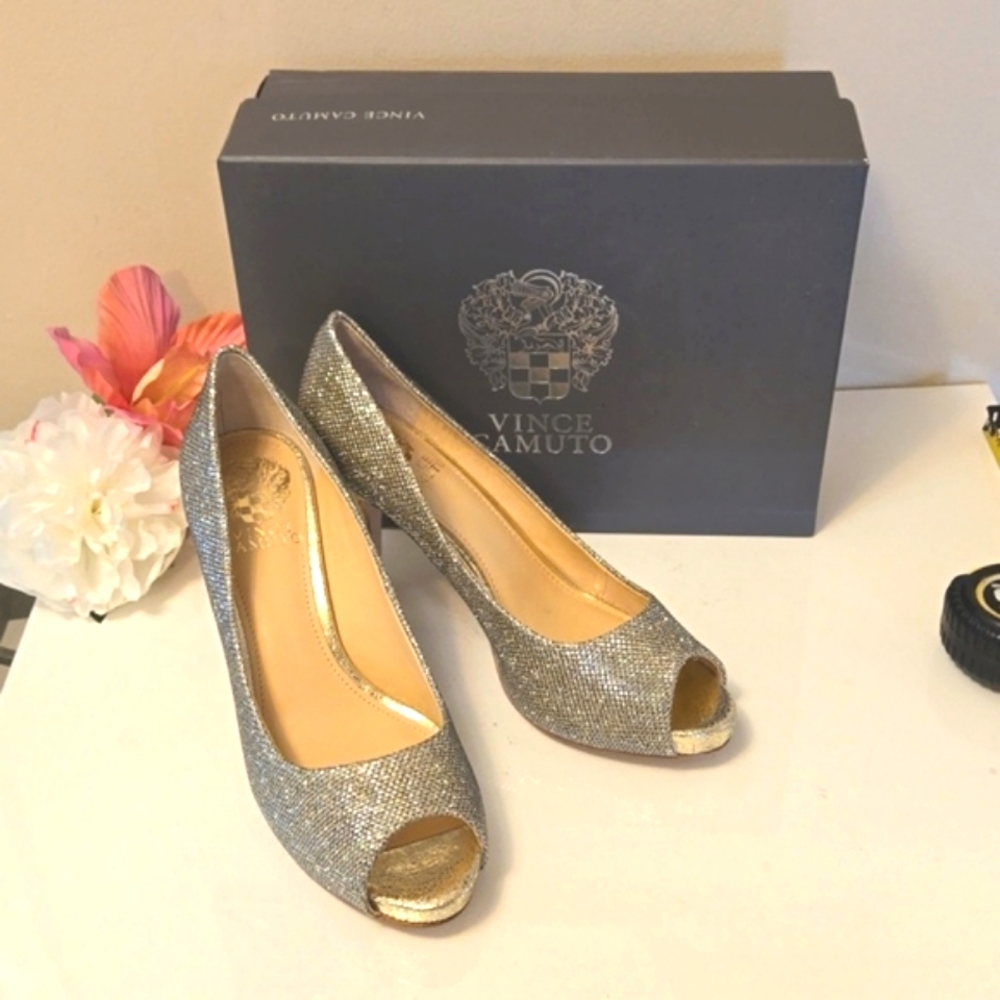 Vince Camuto Kiley Peep Toe Flash Gold Glitter Heels 7.5 EUC